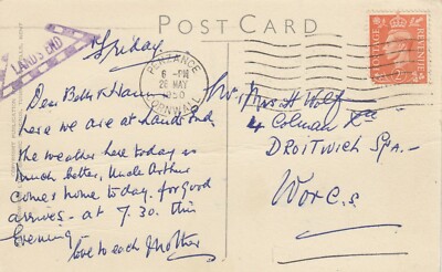 Postkarte Genealogie Mr & Mrs Wolf Colman Road Droitwich Spa PU Penzance 1950