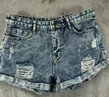 SheIn Womens Medium 32 Jean Shorts Denim High Waisted Acid Wash Blue Jean Cuffed