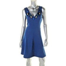 MISS SIXTY 'M60'  Blue Scuba Large Beads V-Neck Fit  Flare Party Dress 6 NEW