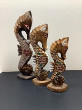 Vintage Set Of 3 Large Hand Carved & Painted Wood Seahorses 14.5”,12.5”,10.5”