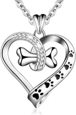 925 Sterling Silver Necklaces Cute Dog Paws with Bone Heart Pendant Chain Gifts