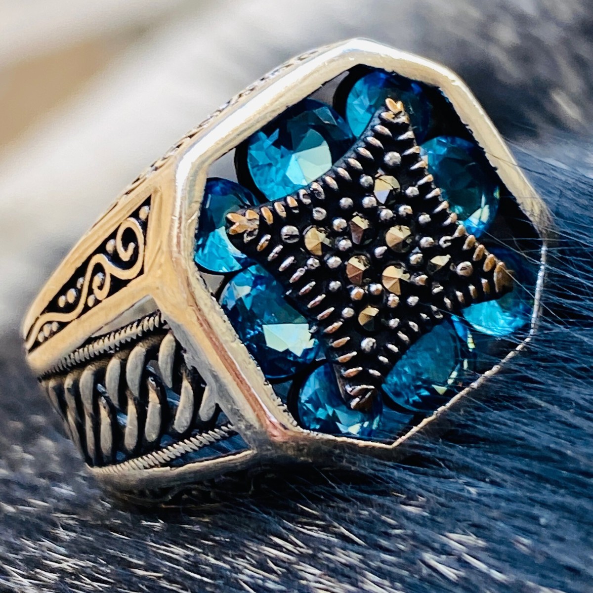 Natural blue Aquamarine ring gemstone 925 Sterling Silver men's ring