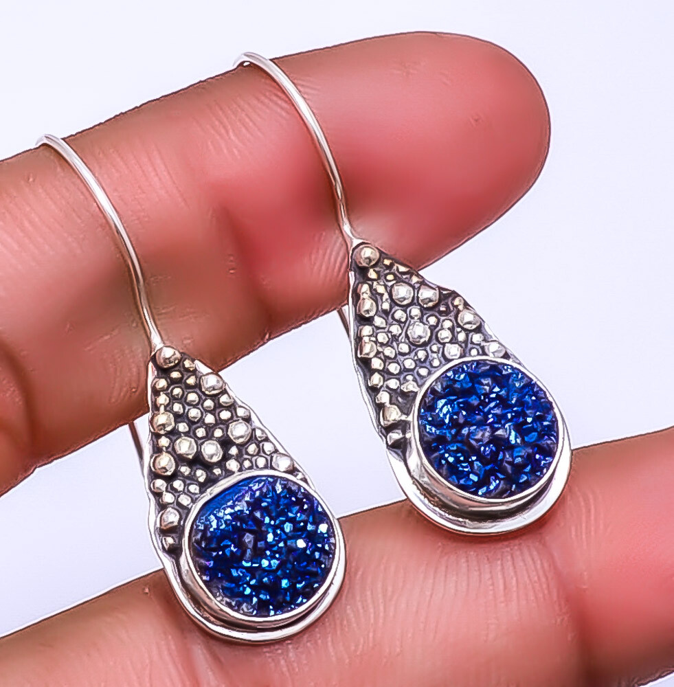 Electric Blue Titanium Agate Drusy Handmade 925 Sterling Silver Earring 1.56