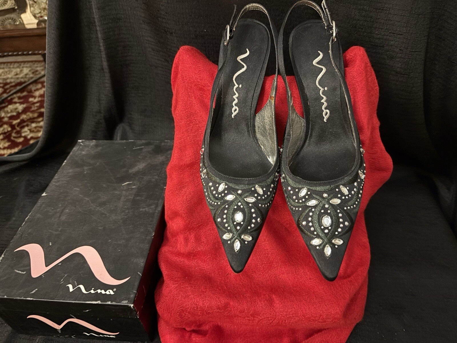 Stunning Nina Black Satin Shoe With Rhinestones