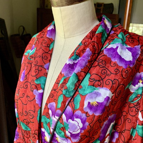 Vintage MARYANN'S BOUTIQUE Liquid Satin Red Floral Long ROBE Hong Kong SMALL - 第 11/14 張圖片