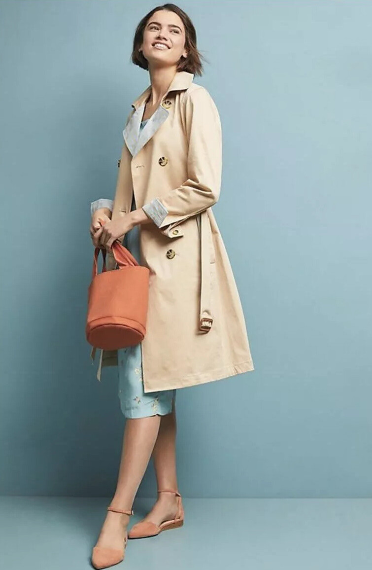 NEW Anthropologie Gingham-Lined Trench Coat Size Small Beige