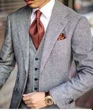 Men's Blazer Gray Plaid Classic Blazer Wedding Prom Business Tuxedo Coat Pants
