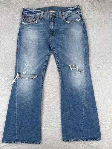 True Religion Jeans Damen 36 Blau Denim Joey Flared Distressed Mid Baumwolle 36x31