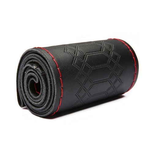 Black & Red Thread 38cm Universal Genuine Leather DIY Car Steering Wheel Cover - Foto 2 di 7