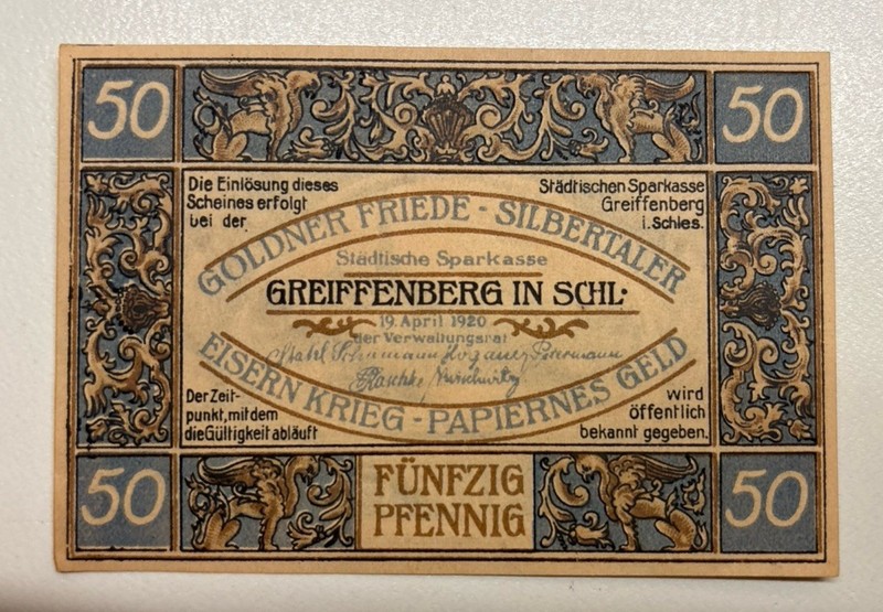 GREIFENBERG IN SCHLESIEN NOTGELD 50 PFENNIG 1920 GERMANY BANKNOTE