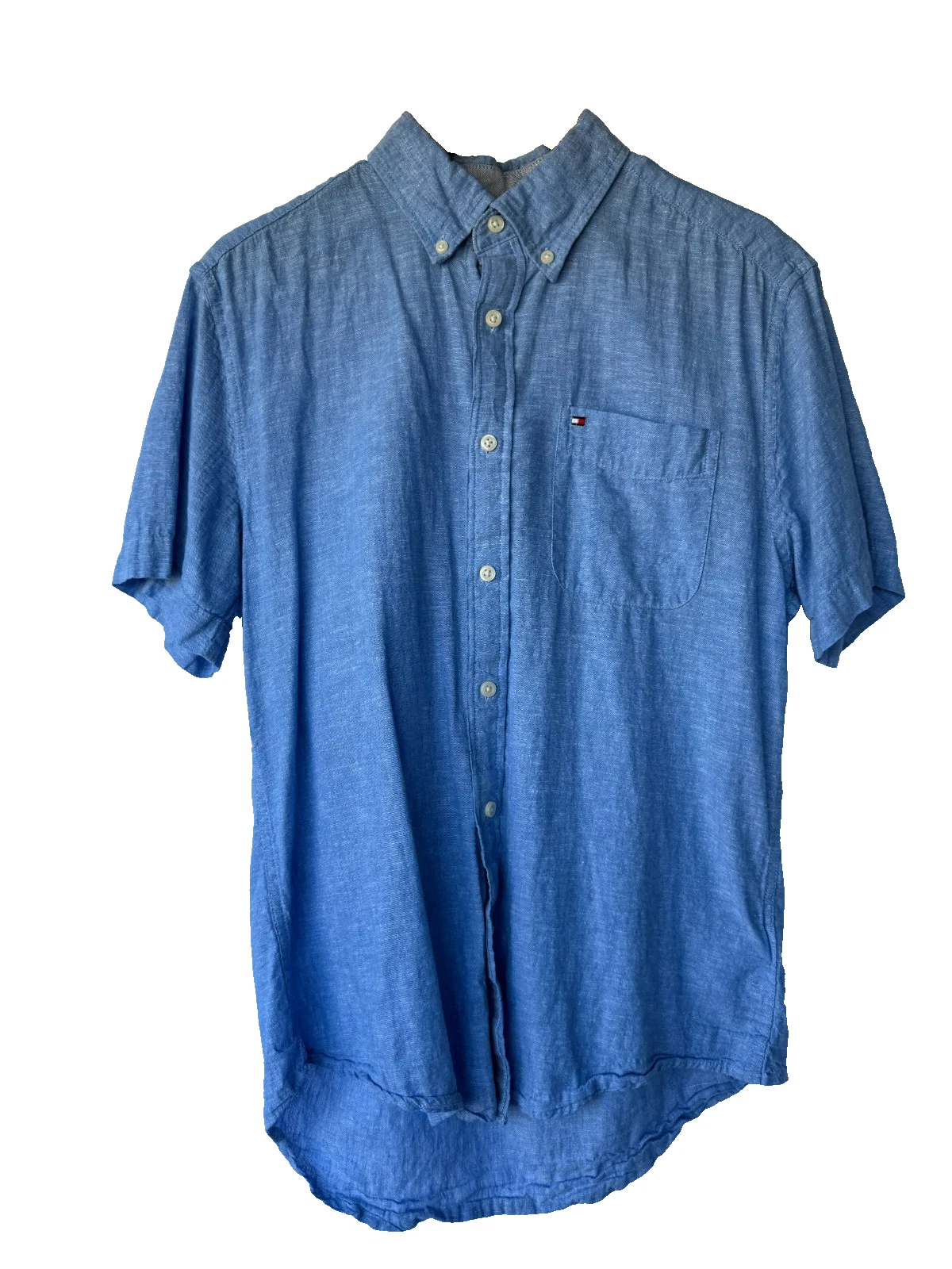 Tommy Hilfiger Linen Blend Shirt Mens M Blue Short Sleeve Coastal Beachy Preppy