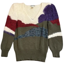 Vintage V Neck Angora Fuzzy Novelty Scenic Pullover 80s Women's Sweater M