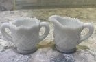 Vintage White Milk Glass Mini Cream & Sugar Set Quilt Pattern Child's- Individua