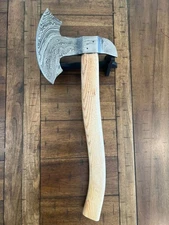 20" CUSTOM HANDMADE DAMASCUS STEEL AXE WITH WOOD HANDLE AND LEATHER SHEATH A1