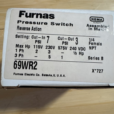 #ad #ad Furnas Pressure Switch 69WR2 Reverse Action Cut in 7 Cut out 3 New Original $69.00