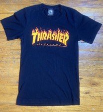 Thrasher Magazine Spell Out FLAME LOGO T-Shirt Girls Small Skateboarding Black