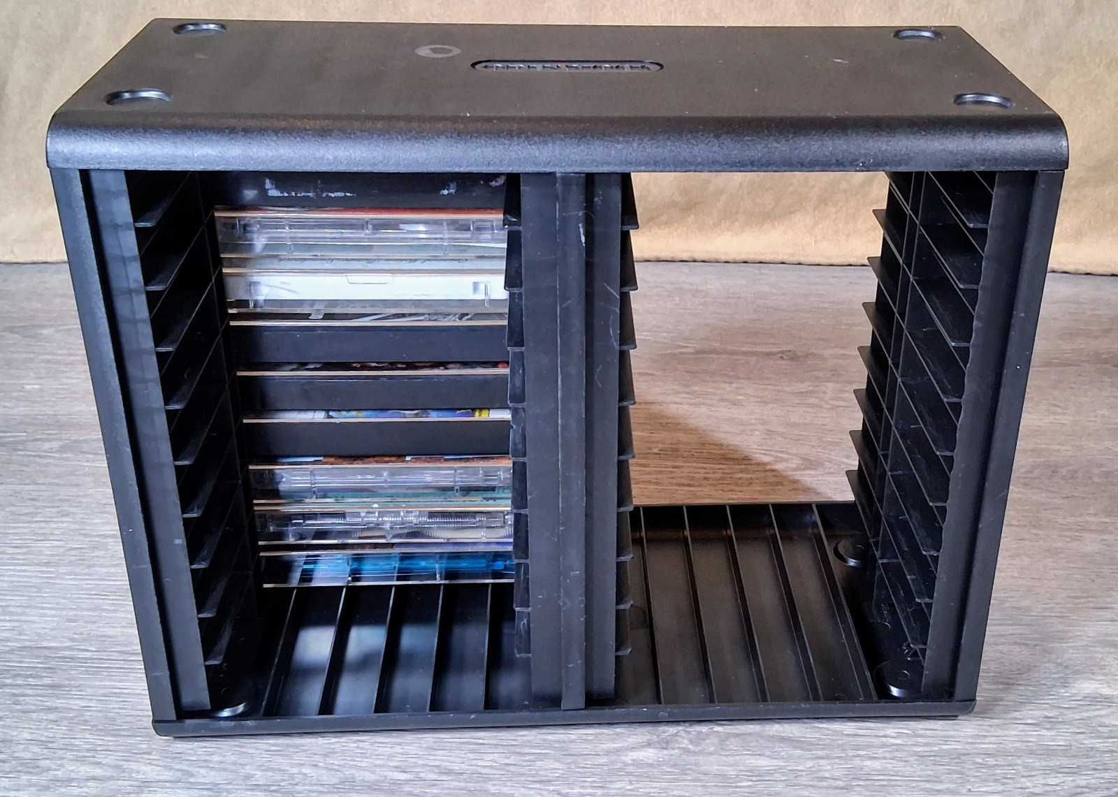 Vtg. 1990 OpenStock Cassette Tape Shelf Rack Holds 40 Tapes Black Plastic