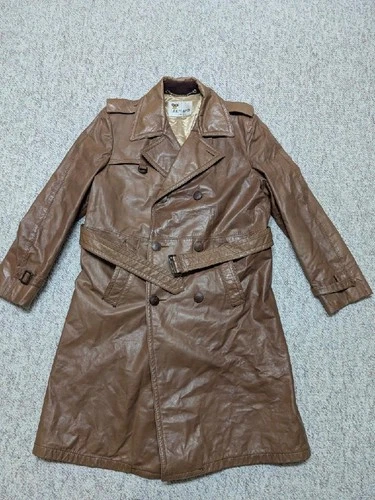 vintage USA made TRENCH COAT leather 42 sherlock BELTED double breasted M brown - product listing photo