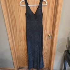 Womens Long Black Sparkly Dress Crystal Doll Size 3 Small Evening Gown With Slit