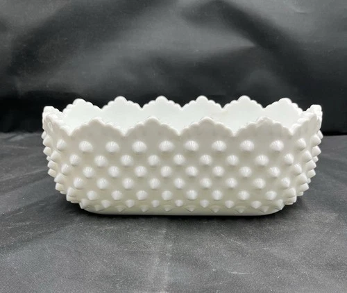 Vintage Fenton Milk Glass Hobnail Oblong Dish Planter Scalloped Rim  8-1/2" X 4”