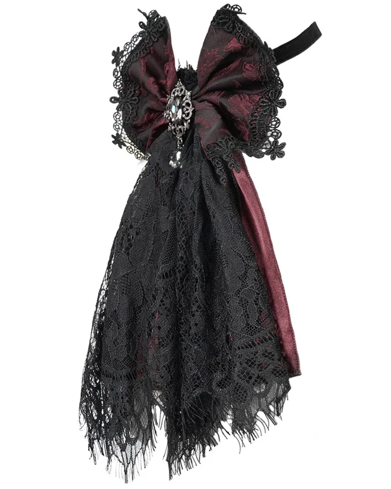 Devil Fashion Gothic Bow Cravat Jabot Tie Red Jacquard Black Lace Steampunk - Image 2 of 4