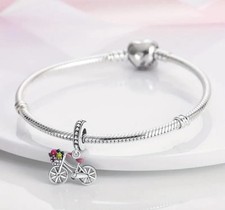 S925 Silver Plated Ladies Vintage Bicycle Dangle Bracelet Charm