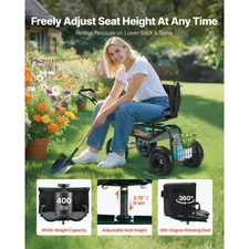 VEVOR Garden Seat with Wheels, Rolling Garden Stool with Height Adjustable & 360