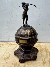 VINTAGE 1922 ART DECO THERMO-DIAL METAL DESK TOP THERMOMETER W/ GOLFER FINIAL