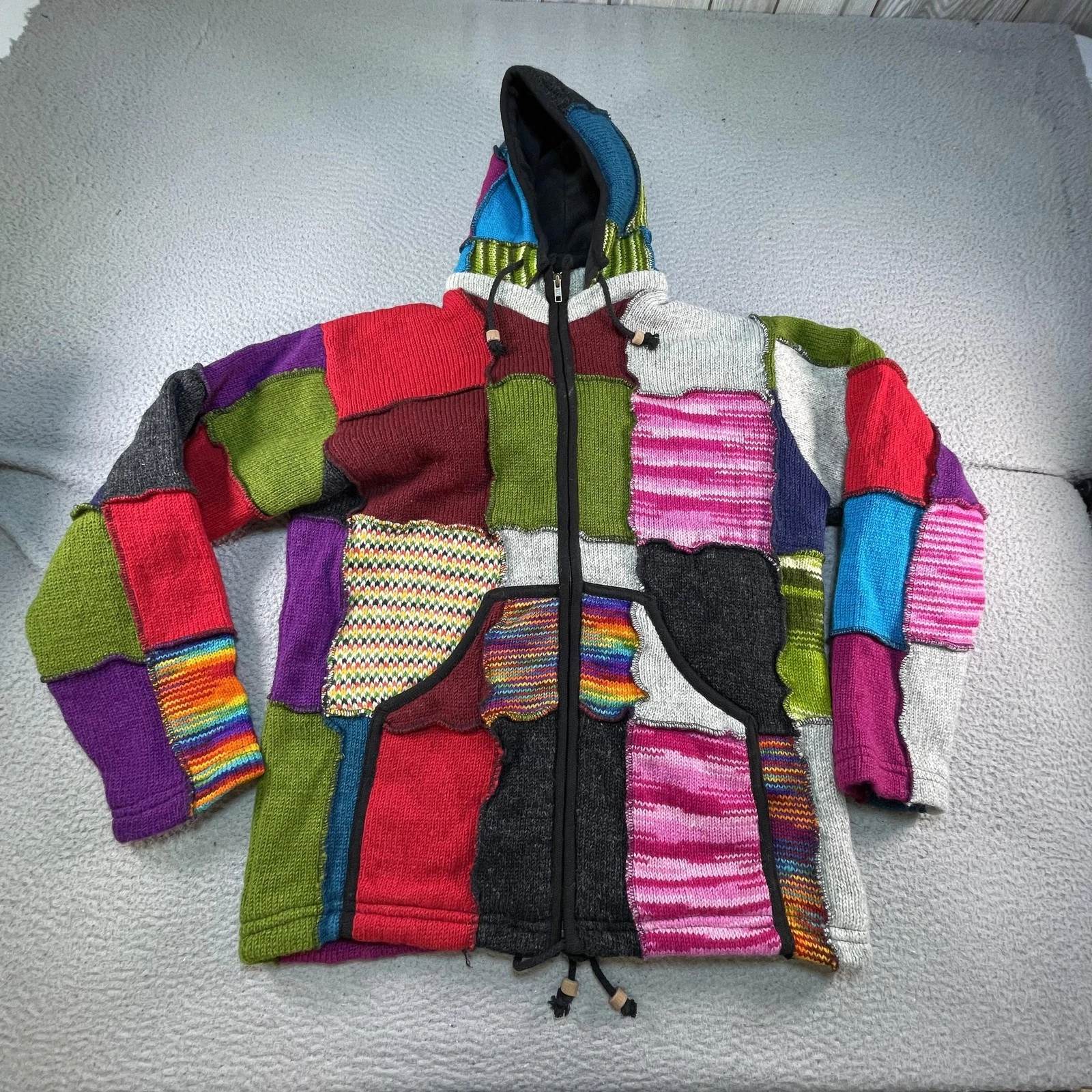 Vintage Patchwork Jacket Mens Medium Blue Wool Hooded Fleece Lined Boho Hippie