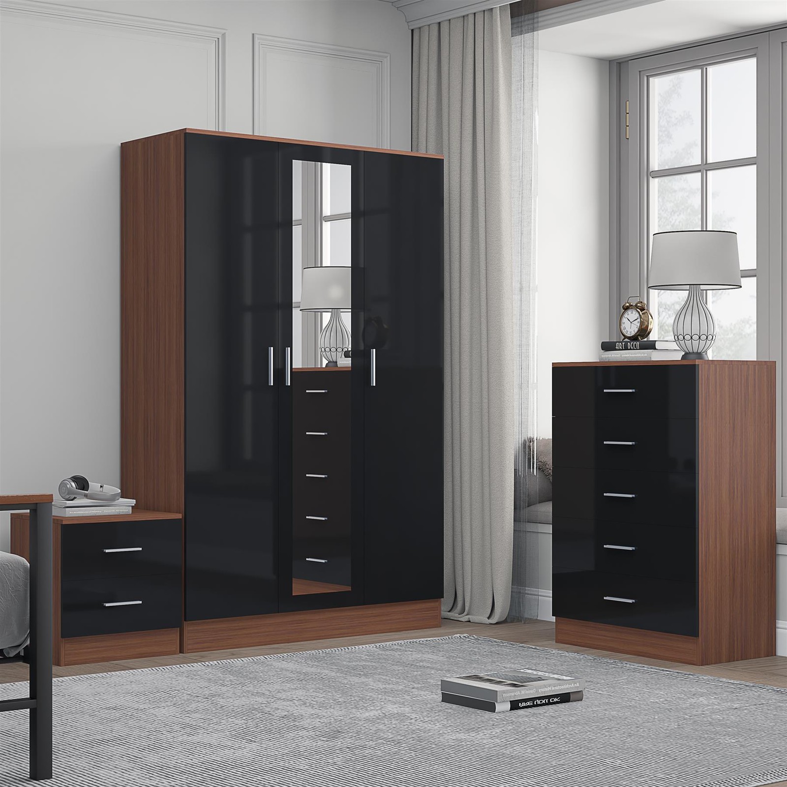 REFLECT 3dr Mirror + Chest of Drawers + Bedside - Black/Walnut
