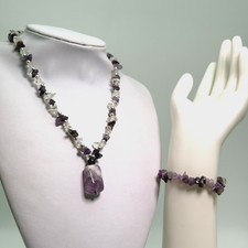 Necklace Bracelet Set Amethyst & Clear Quartz Chip Purple Gemstone Pendant