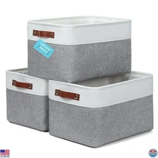 OrganiHaus 3-Pack Large Fabric Storage Baskets 15x11in Gray/White Organizers