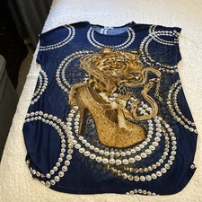 Navy Blue &Gold Top W/Pearl Print & Jeweled Leopard & High Heel Print On Front