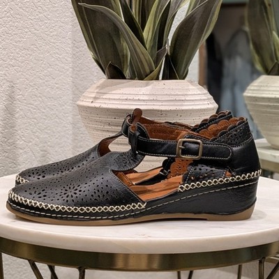 Spring Step Patrizia Airy Wedge Leather T-Strap Flats Black Laser Cut Comfort