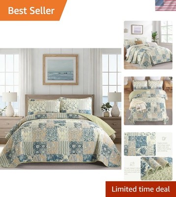 Soft & Durable Queen Patchwork Quilt Set - Green Blue Plaid for Bedroom Elegance