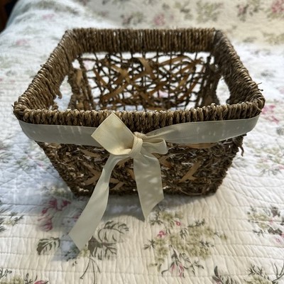 Natural Finished Woven Square Wicker Basket with Cream Ribbon 9''wide 5''deep