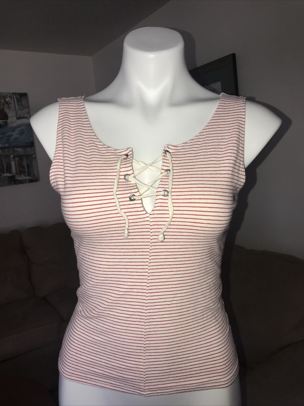 Womens Hollister Red White Striped Tank Top Crop Shirt Medium Sleeveless