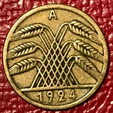 A VINTAGE HIGH GRADE 1924 A GERMANY GERMAN 5 RENTENPFENNIG COIN-APR058