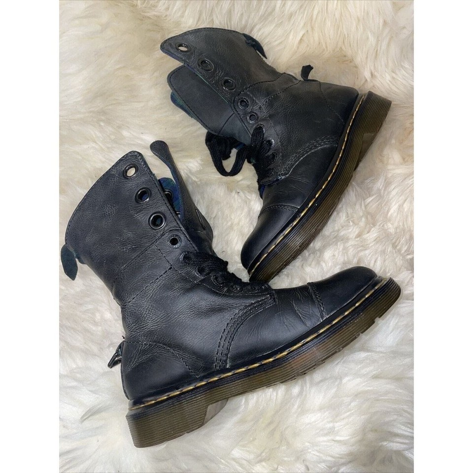 Dr Martens Fold Down Black Leather Boot With Plaid Lining Womens' Shoe