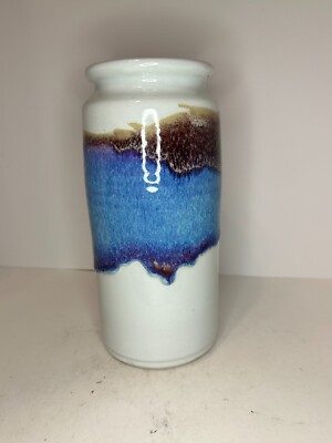 Bruning Pottery Slender Vase 10 H Ceramic white brown blue Snohomish WA SIGNED