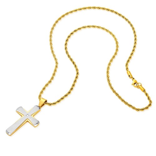 Invicta Men Brushed Steel Cross Lab Grown Diamond Solitaire Silver Gold Necklace - Picture 4 of 4