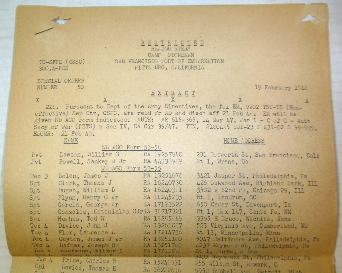 1948 U.S. Army base Camp Stoneman, restricted orders, list of sailors | eBay 1948-u-s-army-base-camp-stoneman-restricted-orders-list-of-sailors-ebay