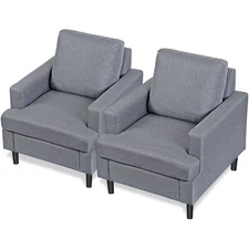 2PCS Linen Fabric Armchair Upholstered Reading Accent Chair For Living Room Gray