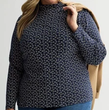 Croft & Barrow Size 1X Navy Heart print mock neck knit top, long sleeve, NWT