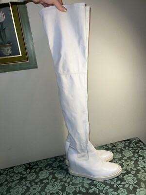 AGL Attilio Giusti Leombruni White Leather Over The Knee Wedge Boot Size EU 39