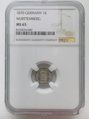 1870 Germany 1 Kreuzer Karl I WURTTEMBERG NGC MS64 Silver Coin BU