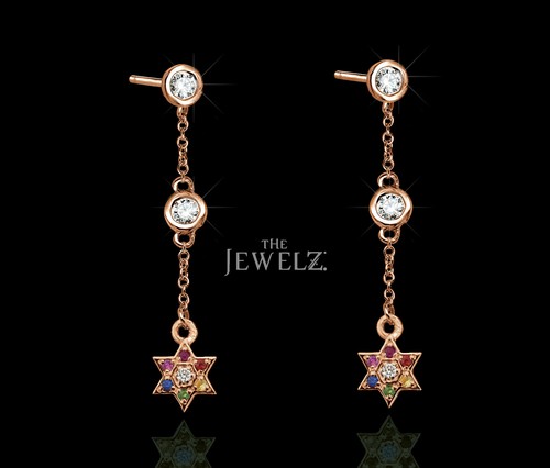 14K Gold VS/F-G Diamond And Multi Sapphire Gemstone Star Drop Chain Earrings - Picture 4 of 4