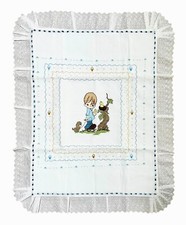 Precious Moments Crib Quilt Cross Stitched Boy Birds Dog Eyelet Lace Ribbon NEW
