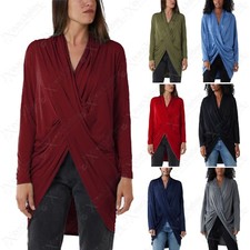 NEW LADIES CROSS OVER ASYMMETRIC DRAPED LONG SLEEVE BLOUSE TOP