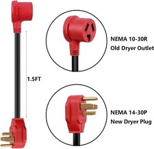 Adapter 3 Prong to 4 Prong NEMA 14-30P Male to 10-30R Female Old Dryer Converter